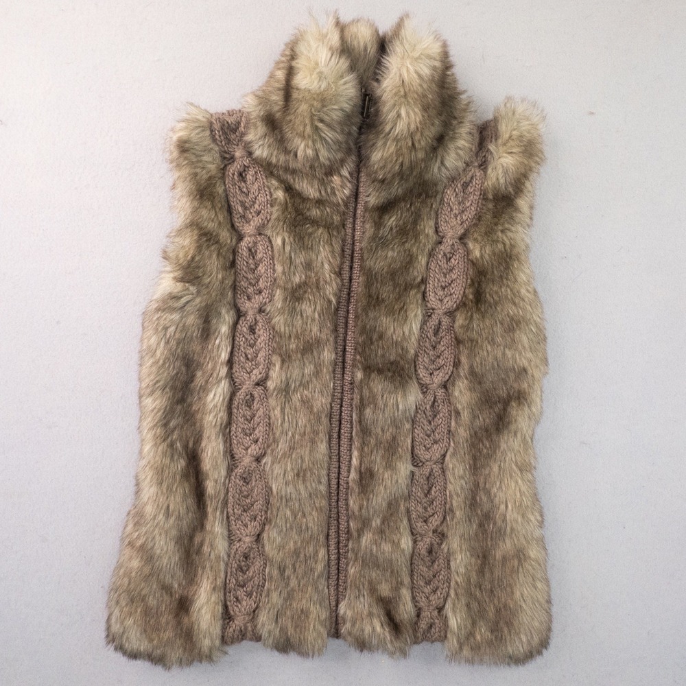 Brown Faux Fur Cable Knit Zip Front Vest Large Alpaca Wool Blend